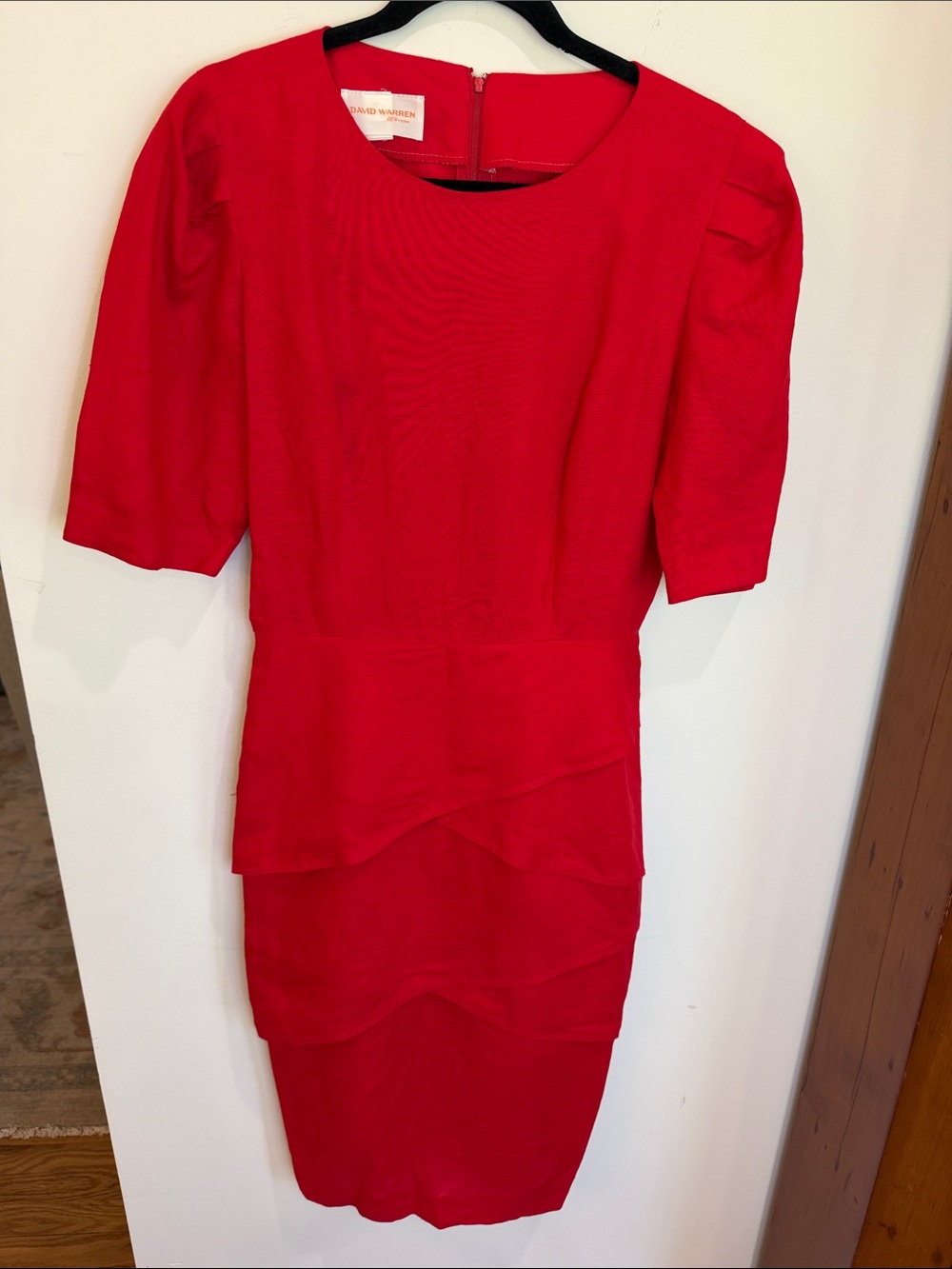 Vintage 70s/80s David Warren New York Red Tiered Midi Dress w/Puff Sleeves, 8